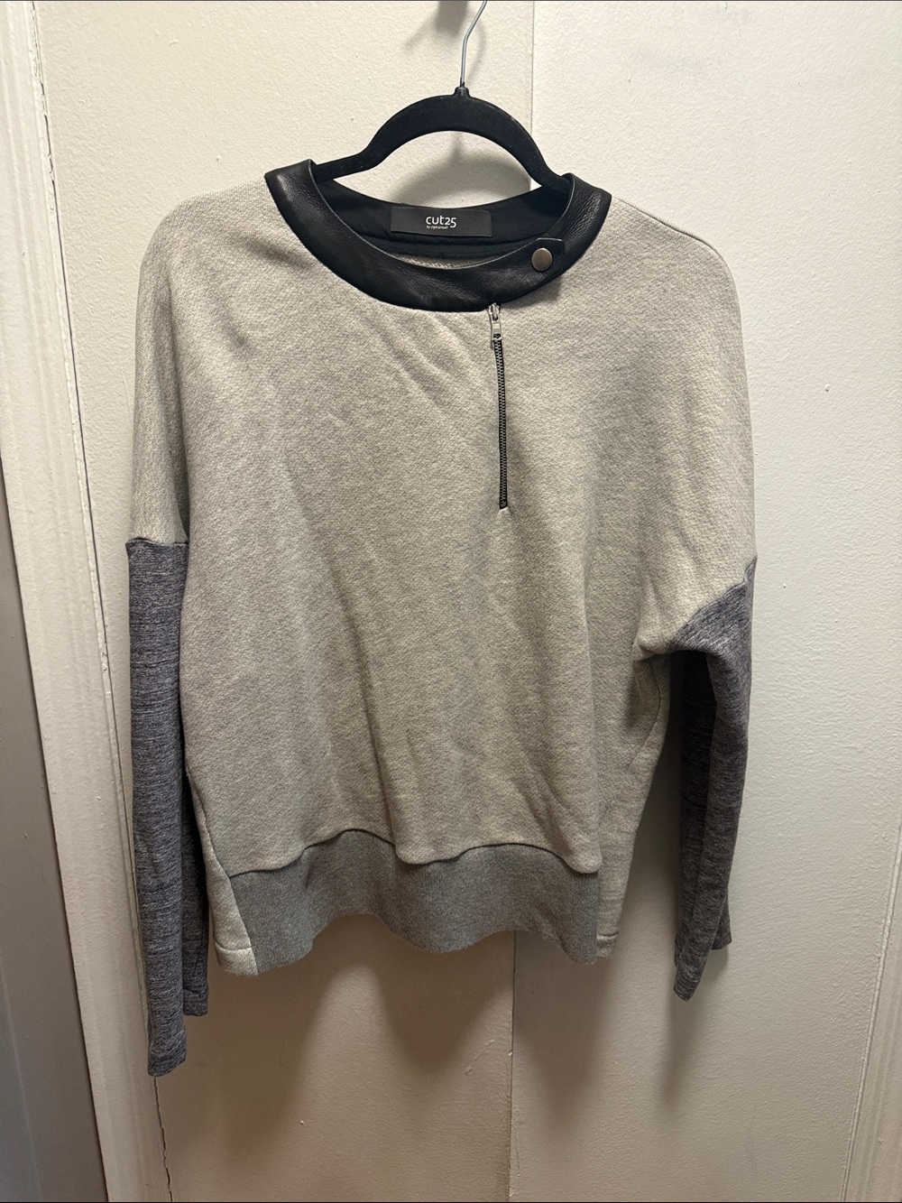 Colorblock Crewneck Sweatshirt with Leather Trim - Light Gray